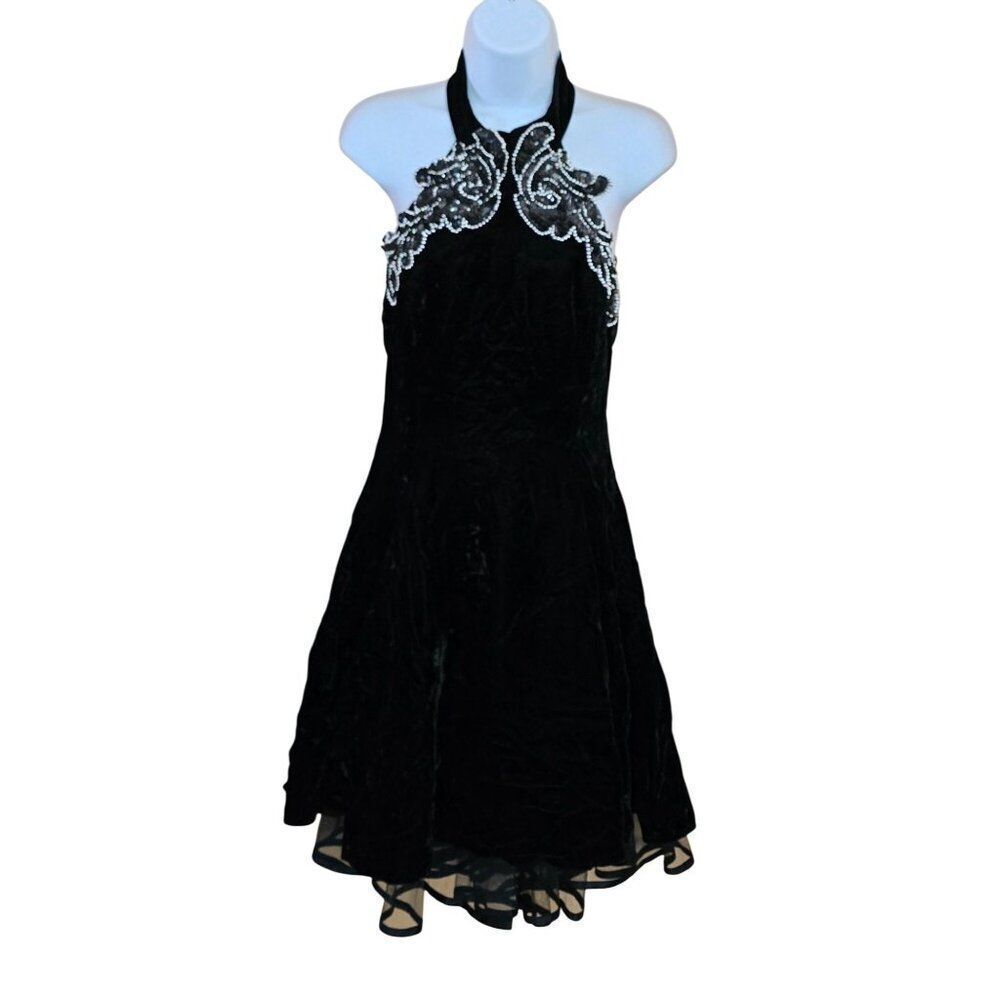 Vintage Black Velvet Halter Dress W/ Bead Sequin Detail whimsygoth elegant glam